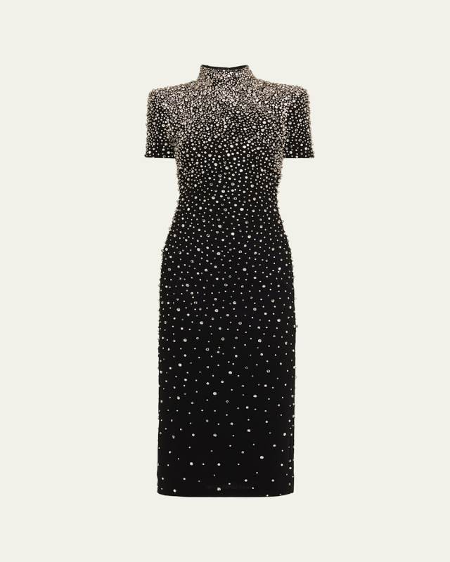 Mock-Neck Crystal Velvet Short-Sleeve Midi Dress